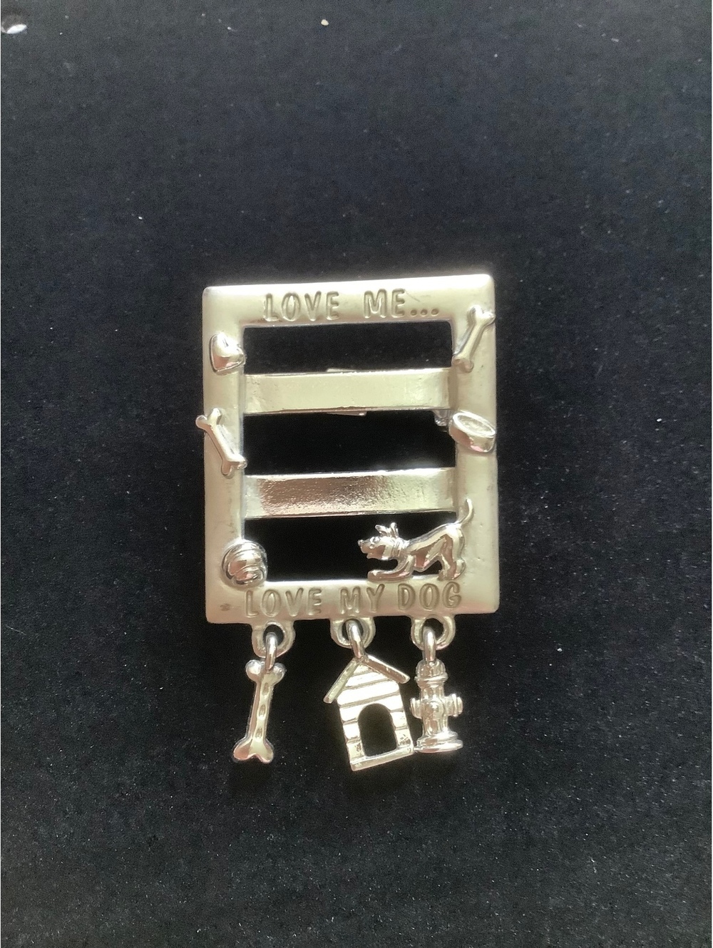 Vintage JJ Jonette Love Me Love My Dog Photo Frame Brooch Dangle Charms
